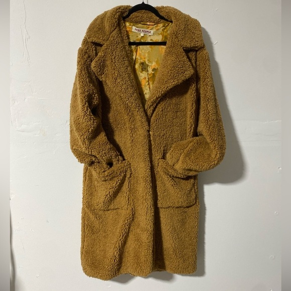 Free People Rare Mongolian Brown Faux Fur Shag Long Coat Floral Jacket Sz Small - Picture 3 of 9